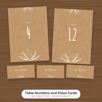 Rustic Kraft Wedding Table Numbers 1-30 and Place Cards, cover