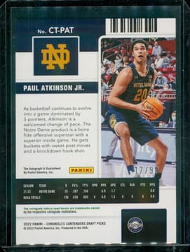 2022 Chronicles Contenders Campus Ticket Red /99 Auto Paul Atkinson Jr., photo 2