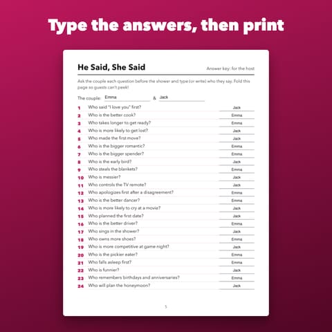 He Said She Said Bridal Shower Game: 24 Questions, preview 2