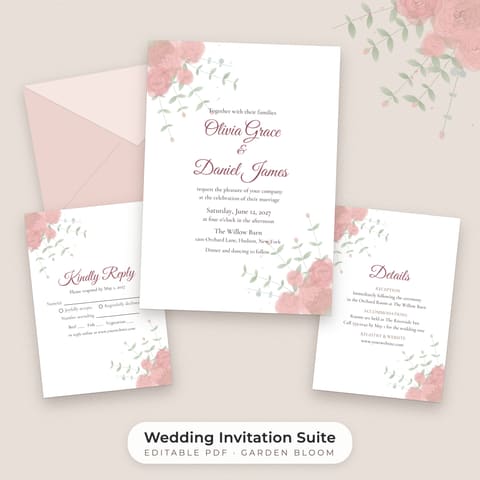 Watercolor Floral Wedding Invitation Suite Template, cover