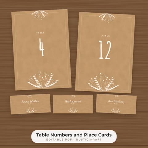 Rustic Kraft Wedding Table Numbers 1-30 and Place Cards, cover