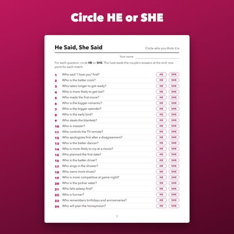 He Said She Said Bridal Shower Game: 24 Questions, preview 1