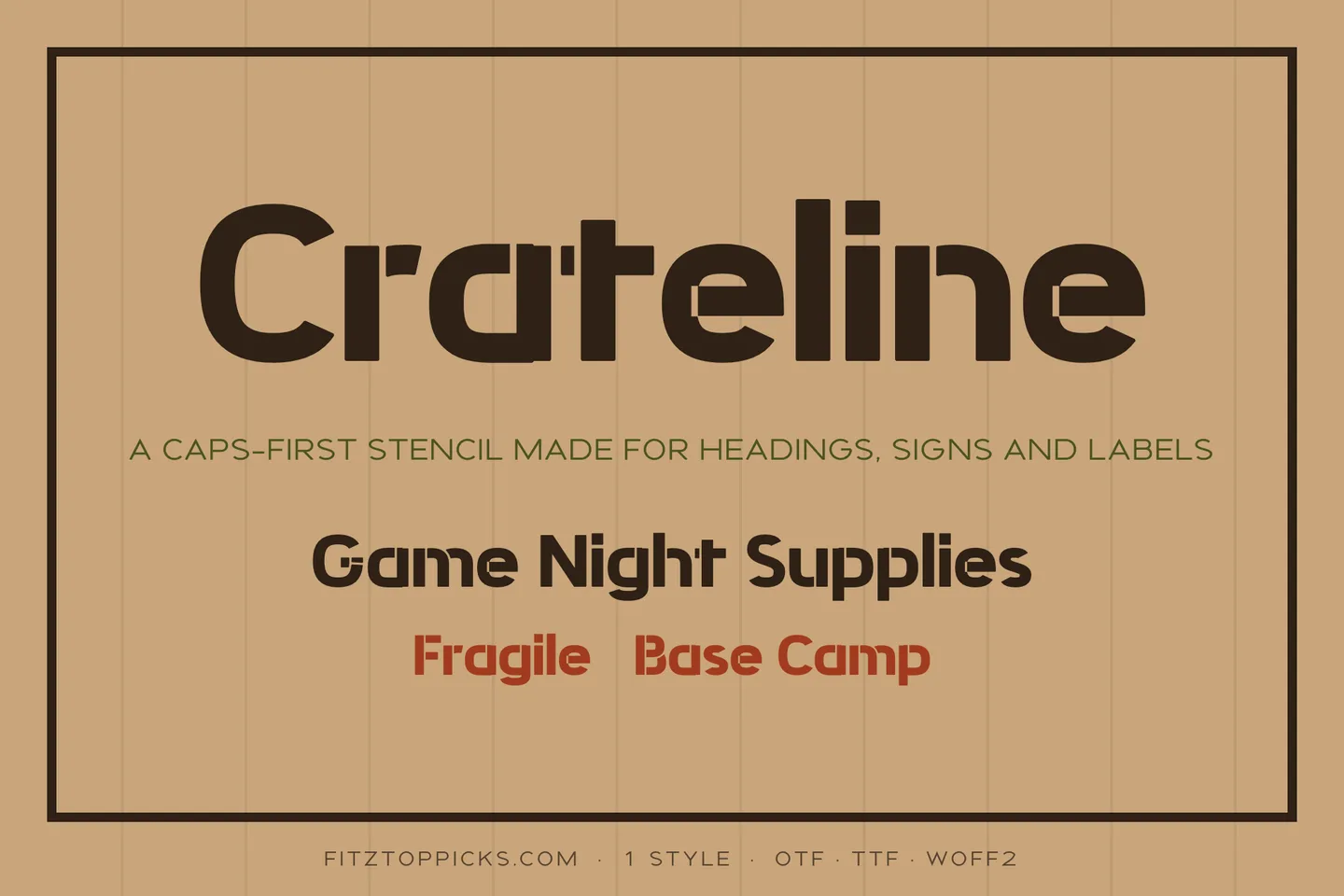 Crateline in large dark stencil letters on a kraft cardboard background, above the lines Game Night Supplies, Fragile and Base Camp.