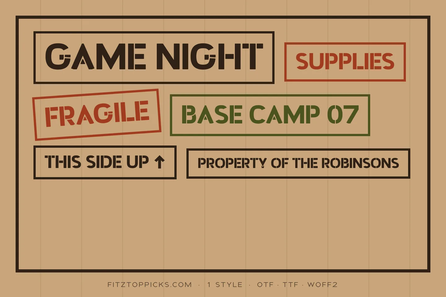 Stamped crate labels in Crateline: Game Night, Supplies, Fragile, Base Camp 07, This Side Up and Property of the Robinsons.