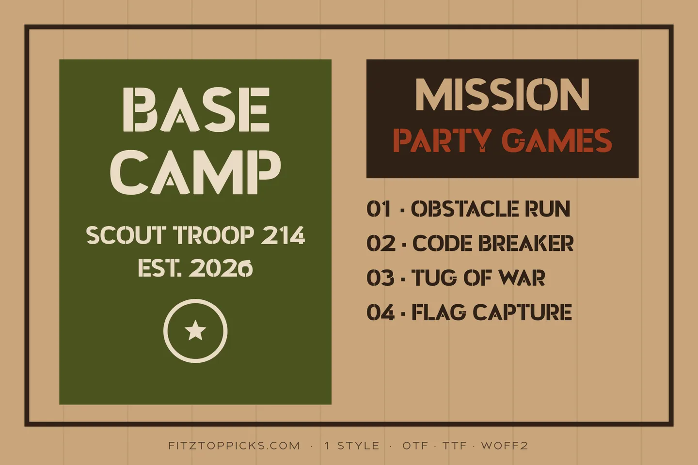 A green Base Camp sign for Scout Troop 214 and a Mission Party Games list (Obstacle Run, Code Breaker, Tug of War, Flag Capture), set in Crateline.
