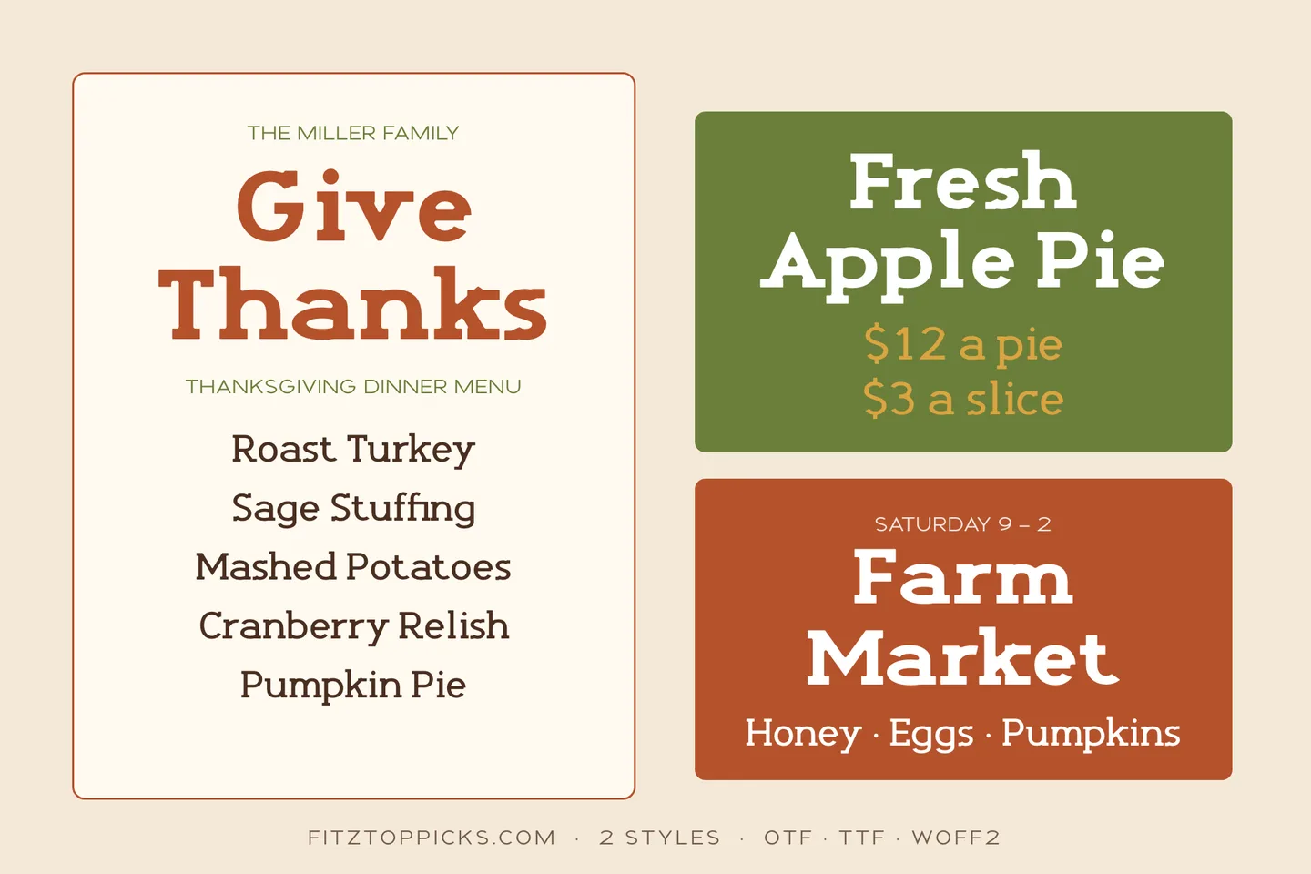 A Give Thanks Thanksgiving dinner menu, a green Fresh Apple Pie price sign and a rust Farm Market sign, set in Haybale.
