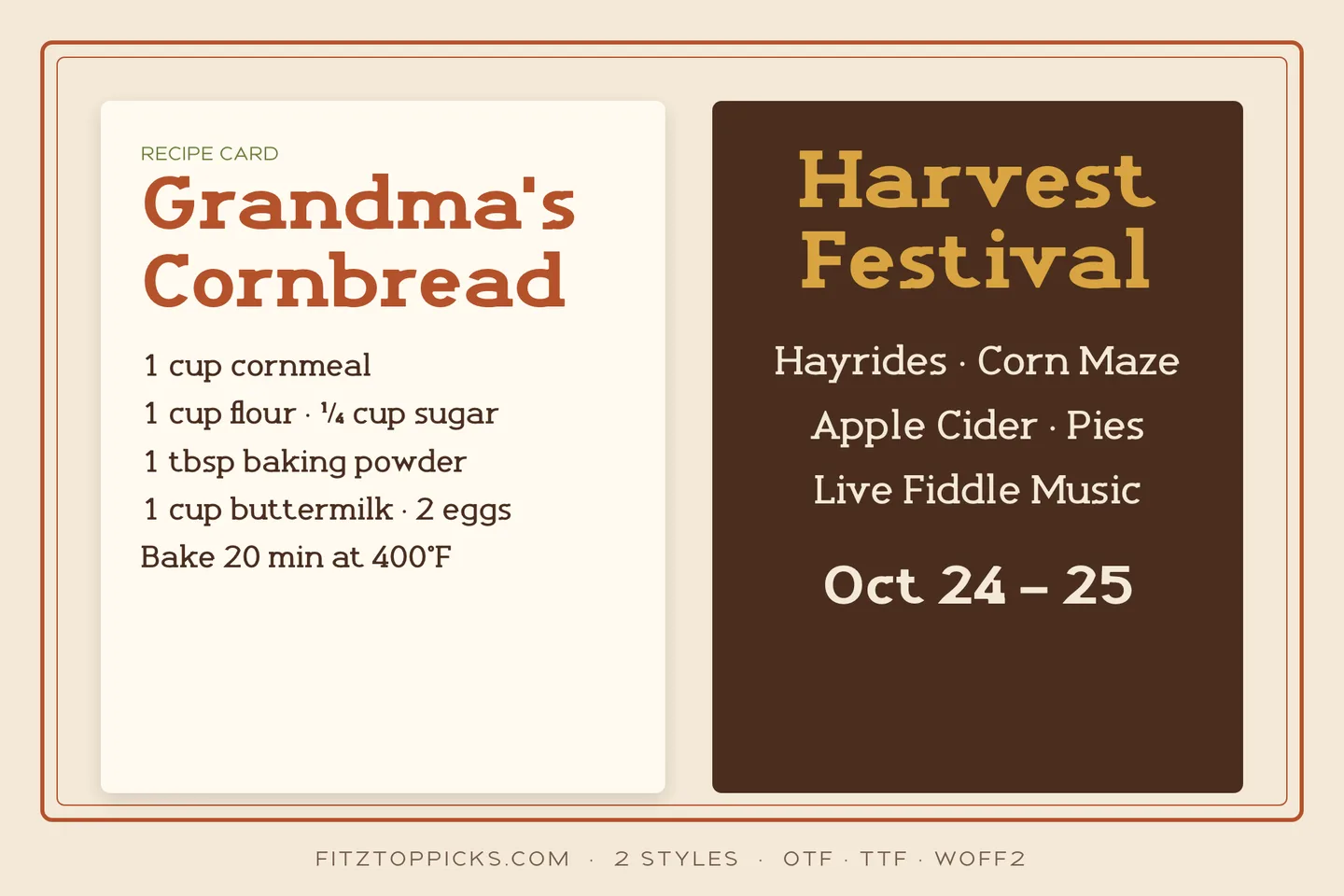 A recipe card for Grandma's Cornbread and a dark brown Harvest Festival poster (Hayrides, Corn Maze, Oct 24 to 25), set in Haybale.