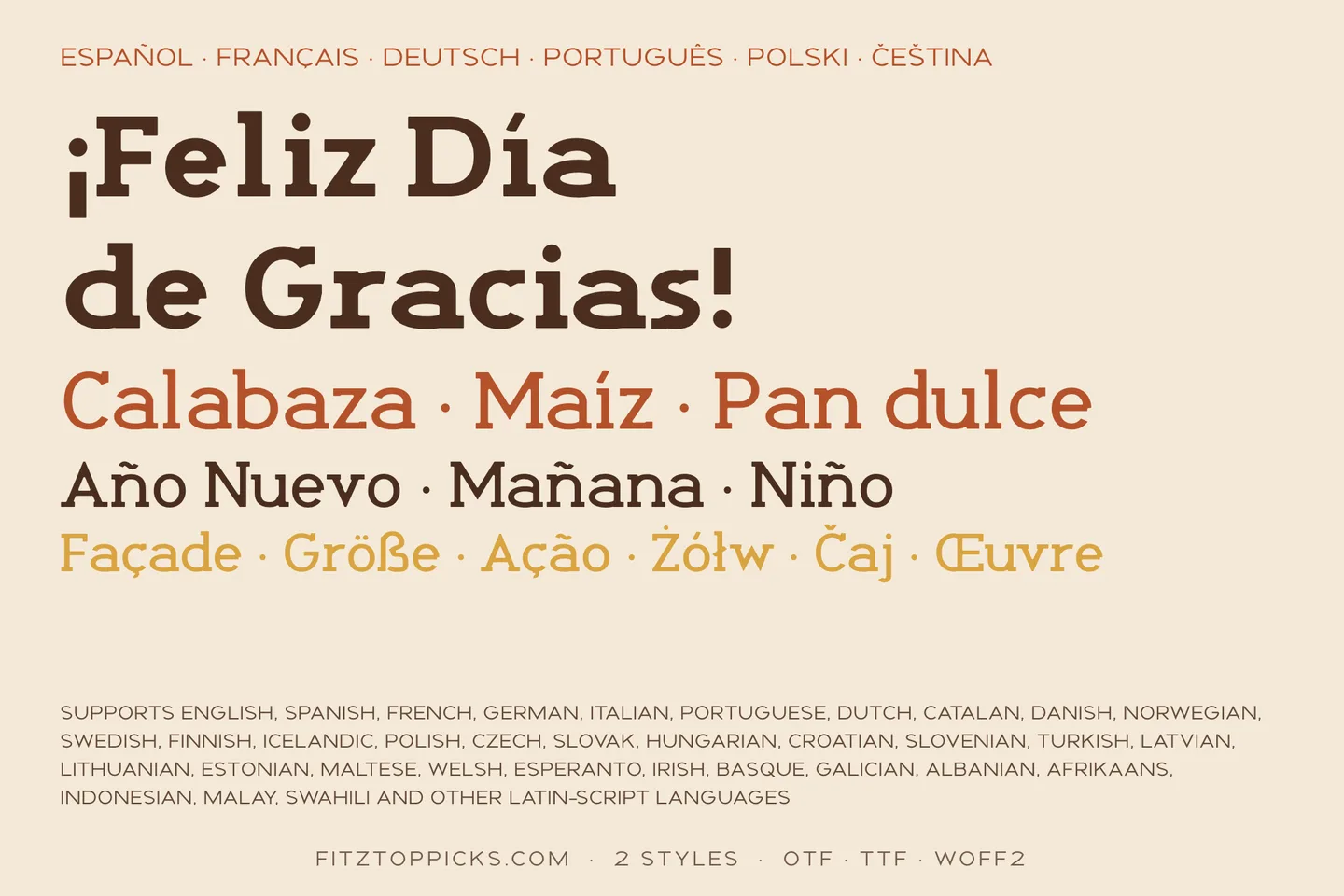 Spanish and other languages in Haybale: ¡Feliz Día de Gracias!, Calabaza, Maíz, Pan dulce, Año Nuevo, Mañana, Niño, and accented words in French, German, Portuguese and Polish.