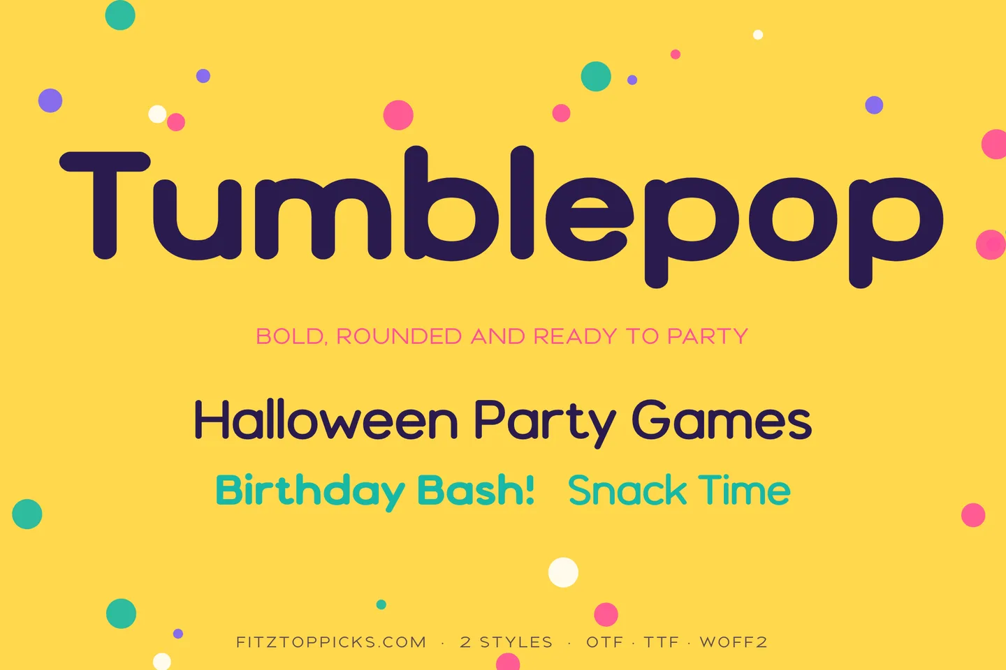Tumblepop in large dark purple rounded letters on a yellow background with confetti dots, above the lines Halloween Party Games, Birthday Bash! and Snack Time.