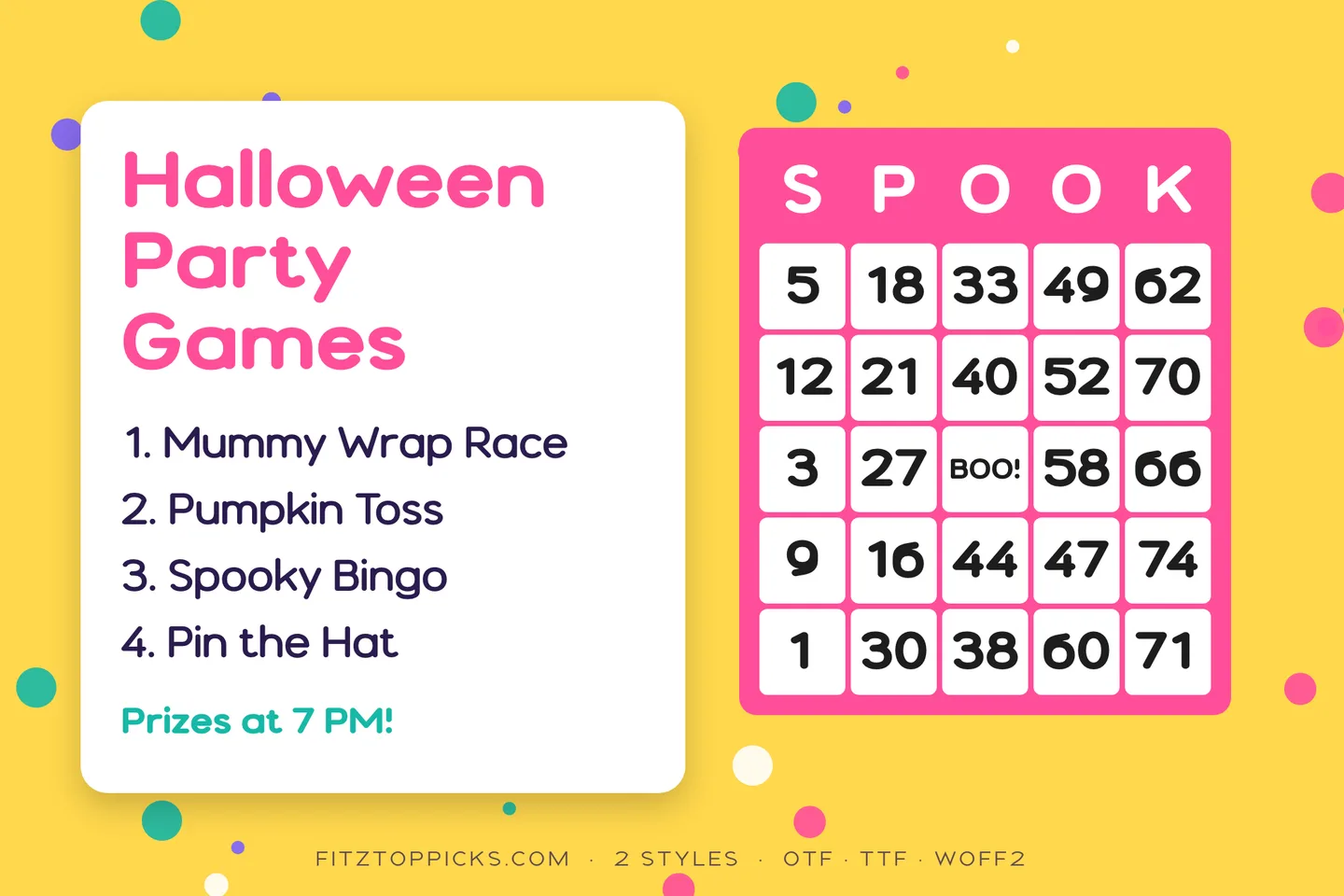 A Halloween party games list (Mummy Wrap Race, Pumpkin Toss, Spooky Bingo, Pin the Hat) beside a pink SPOOK bingo card, all set in Tumblepop.