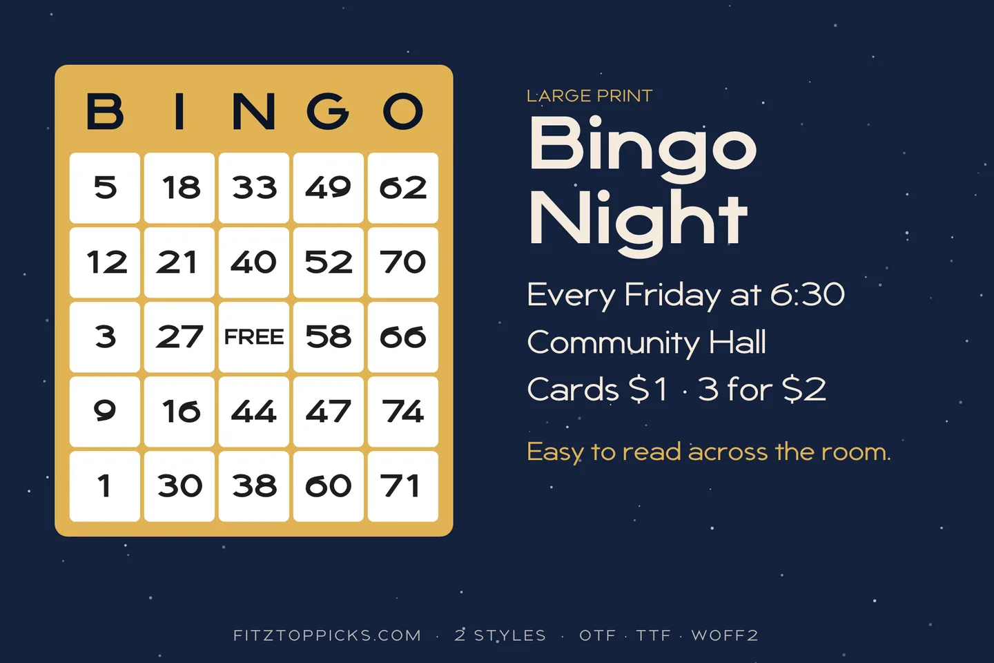 A gold large-print BINGO card next to a Bingo Night flyer (Every Friday at 6:30, Community Hall), set in Widemere.