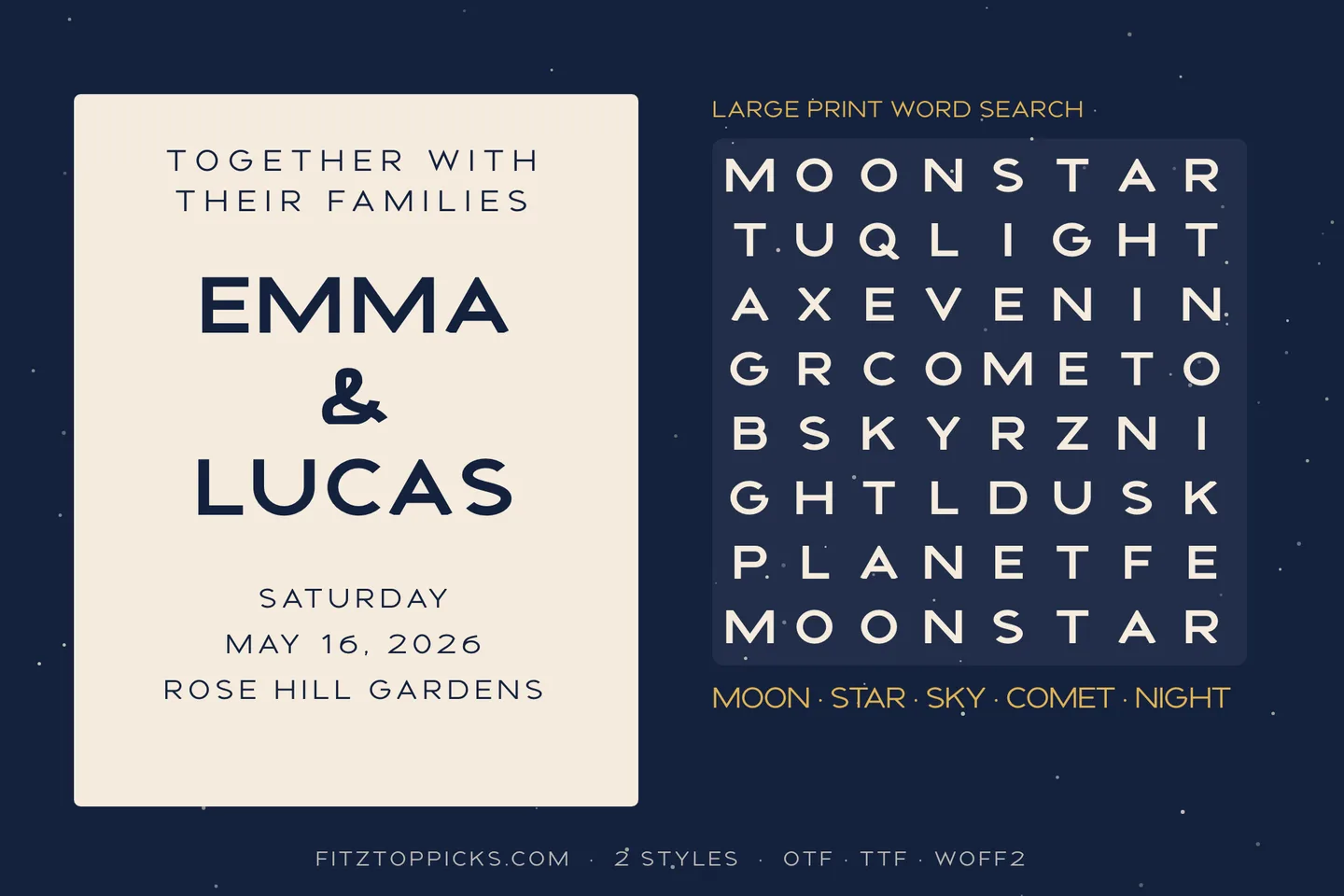 A wedding invitation for Emma and Lucas in spaced capitals, and a large-print word search with moon and star words, set in Widemere.