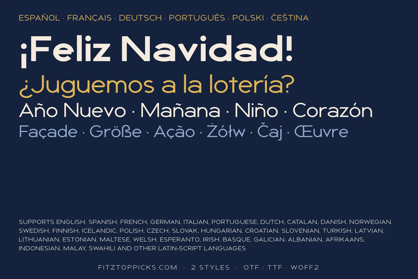 Spanish and other languages in Widemere: ¡Feliz Navidad!, ¿Juguemos a la lotería?, Año Nuevo, Mañana, Niño, Corazón, and accented words in French, German, Portuguese, Polish and Czech.