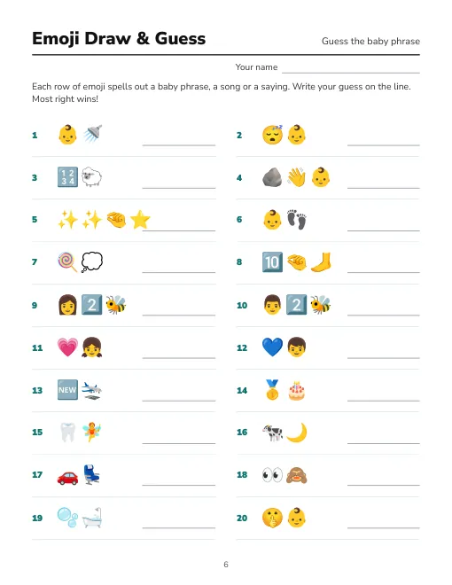 Baby shower Emoji Draw and Guess game sheet