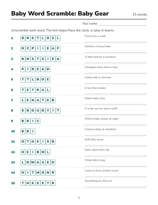 Baby Word Scramble game sheet with 15 baby words