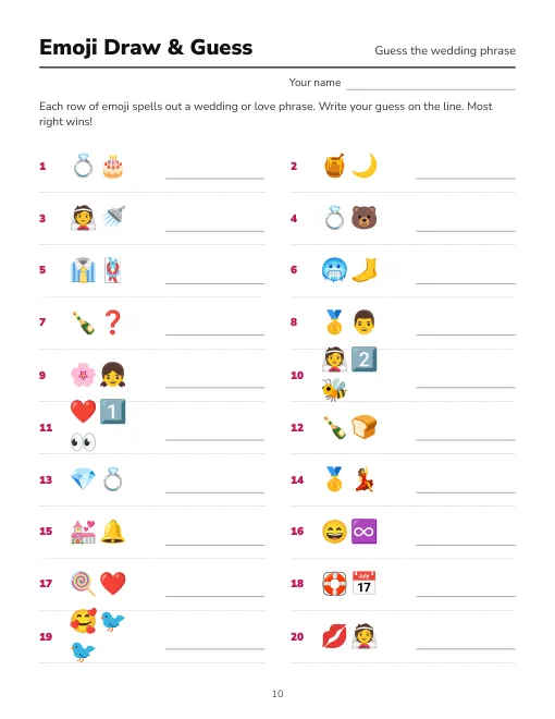 Bridal shower Emoji Draw and Guess game sheet