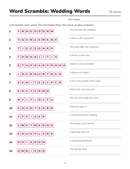 Wedding Word Scramble game sheet