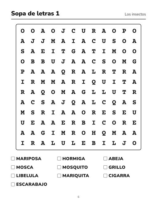 Sopa de letras en letra grande: los insectos