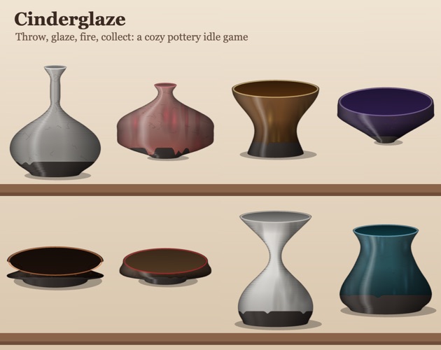 Cinderglaze: glazed pots of different shapes on two wooden shelves