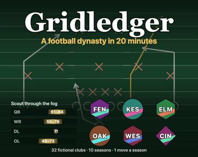Gridledger: a top-down football field with a drive line, the scoreboard and two made-up club badges