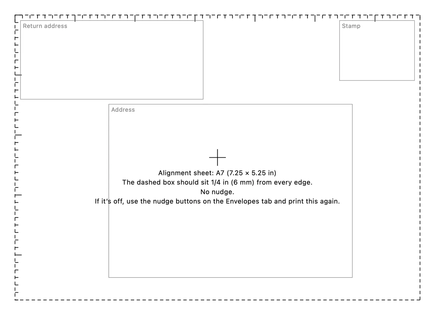 The alignment sheet for an A7 envelope: a dashed box a quarter inch in from every edge with ruler ticks, the return address, stamp and address areas, and a center cross