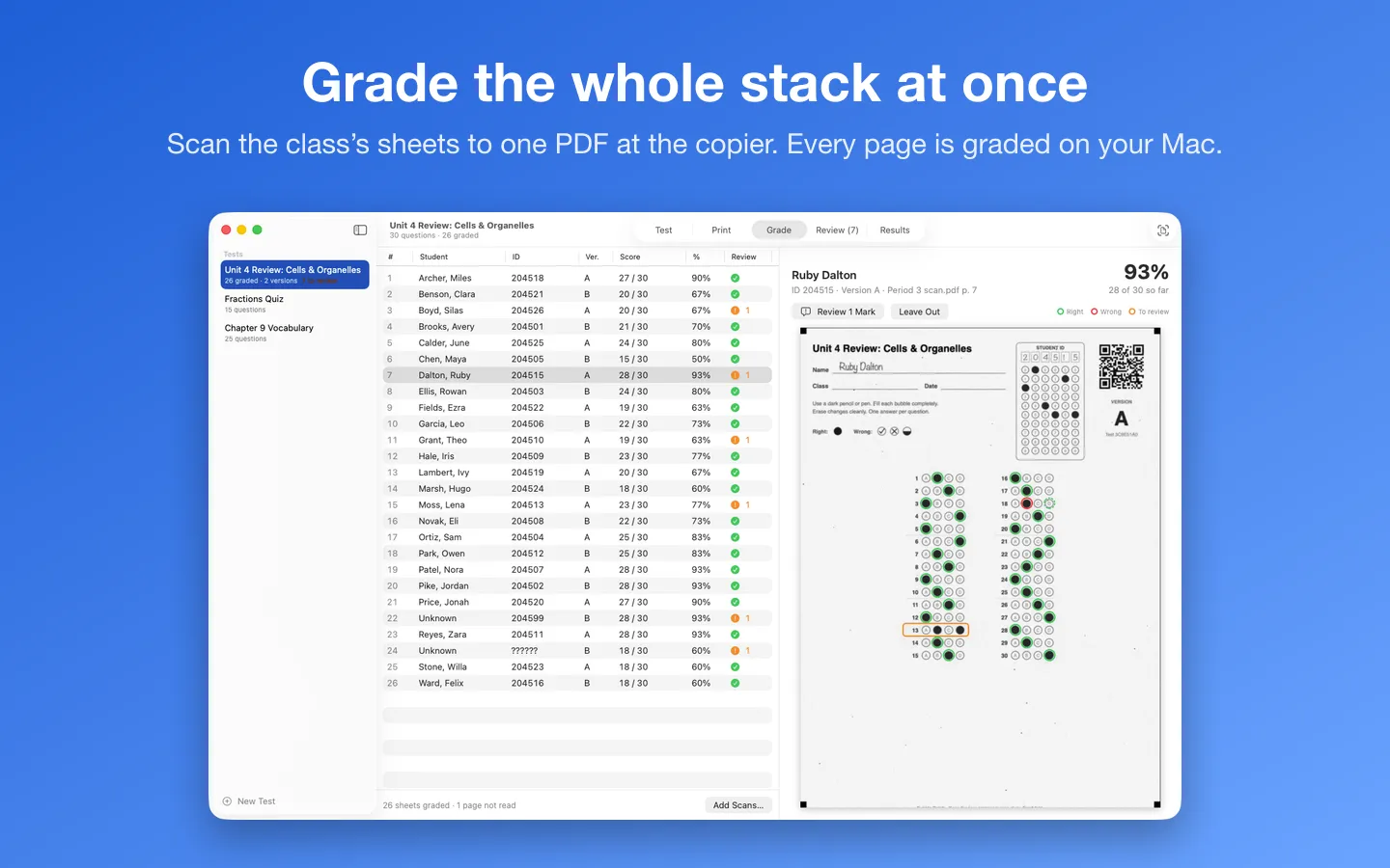 A graded class: every student’s score, with a scanned sheet and its right and wrong answers marked