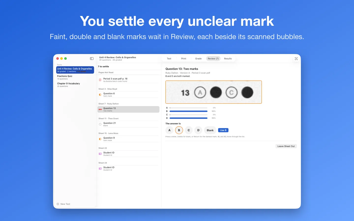Review: a question with two marks shown beside its scanned bubbles and how dark each one is