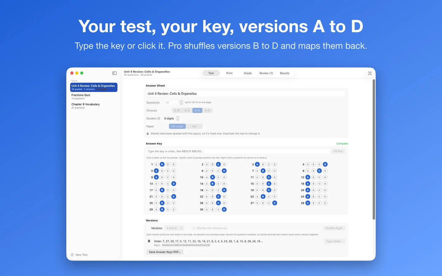 The test: the answer key typed or clicked, and version B’s shuffled order