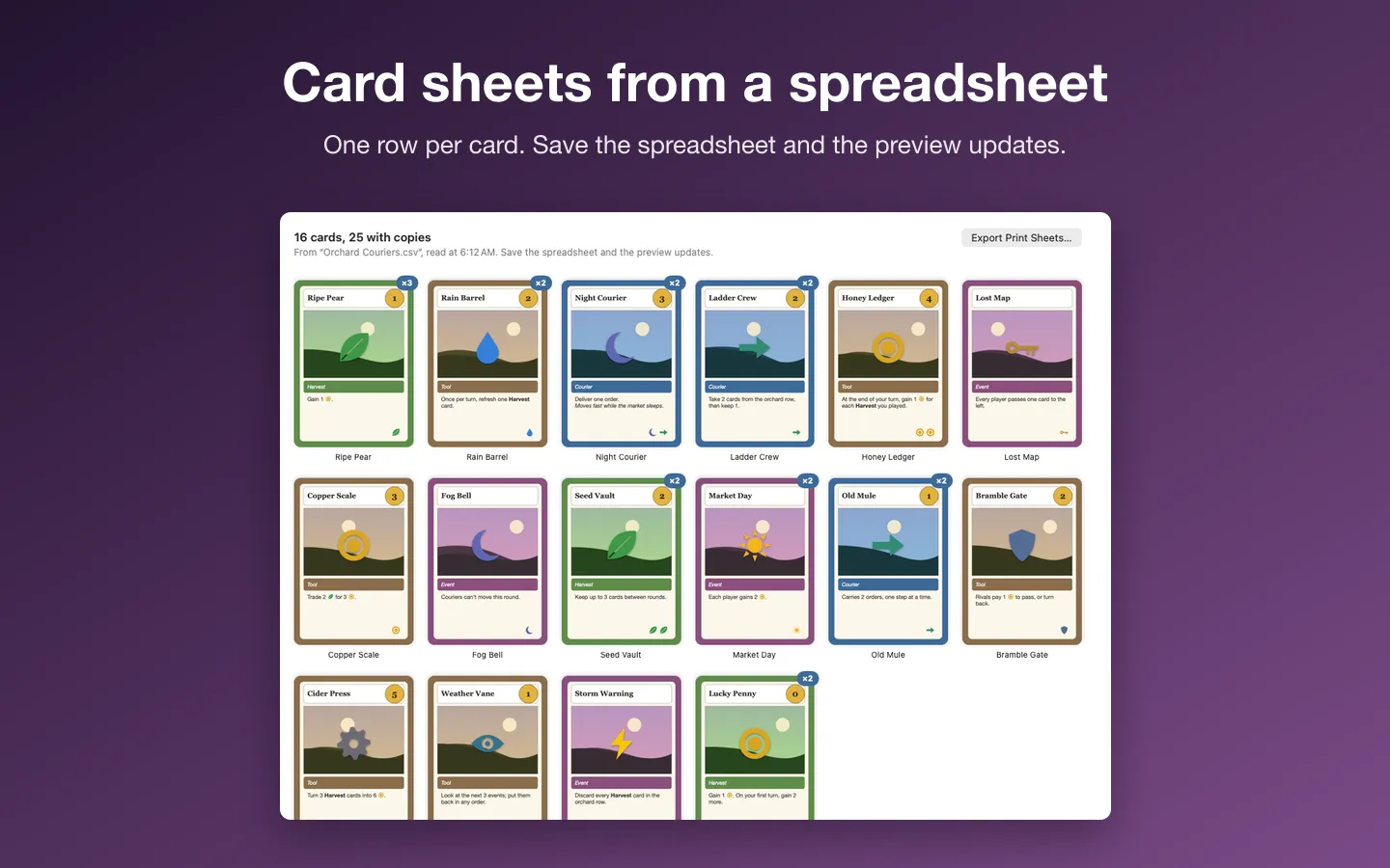 The original sample deck Orchard Couriers: 16 cards, 25 with copies, read from a spreadsheet