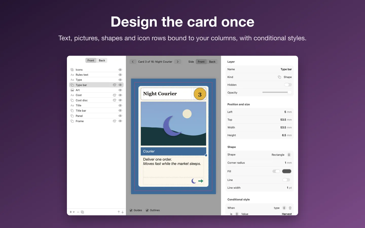 The template editor: the layer list, a card with its bleed and safe-zone guides, and the layer inspector with a conditional style