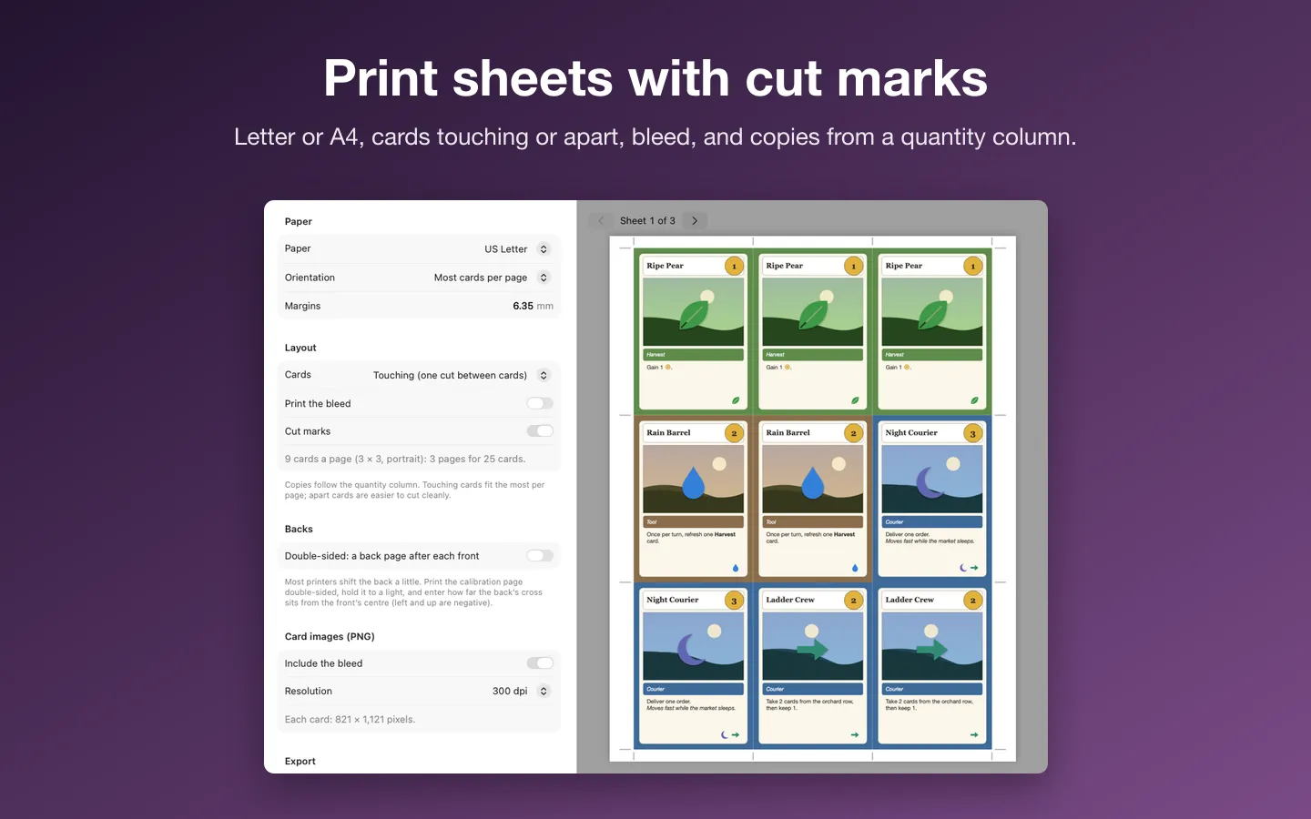 Print sheet settings: US Letter, cards touching, cut marks, and the first sheet of nine cards