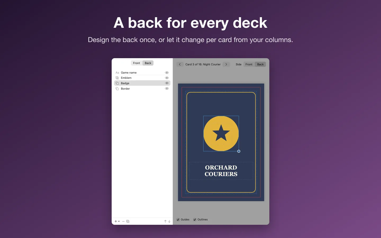 The card back in the template editor