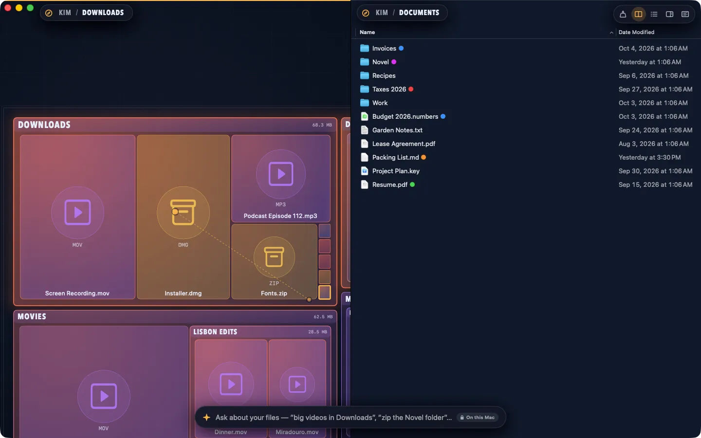 Split view: the Downloads map on the left and a list of Documents on the right
