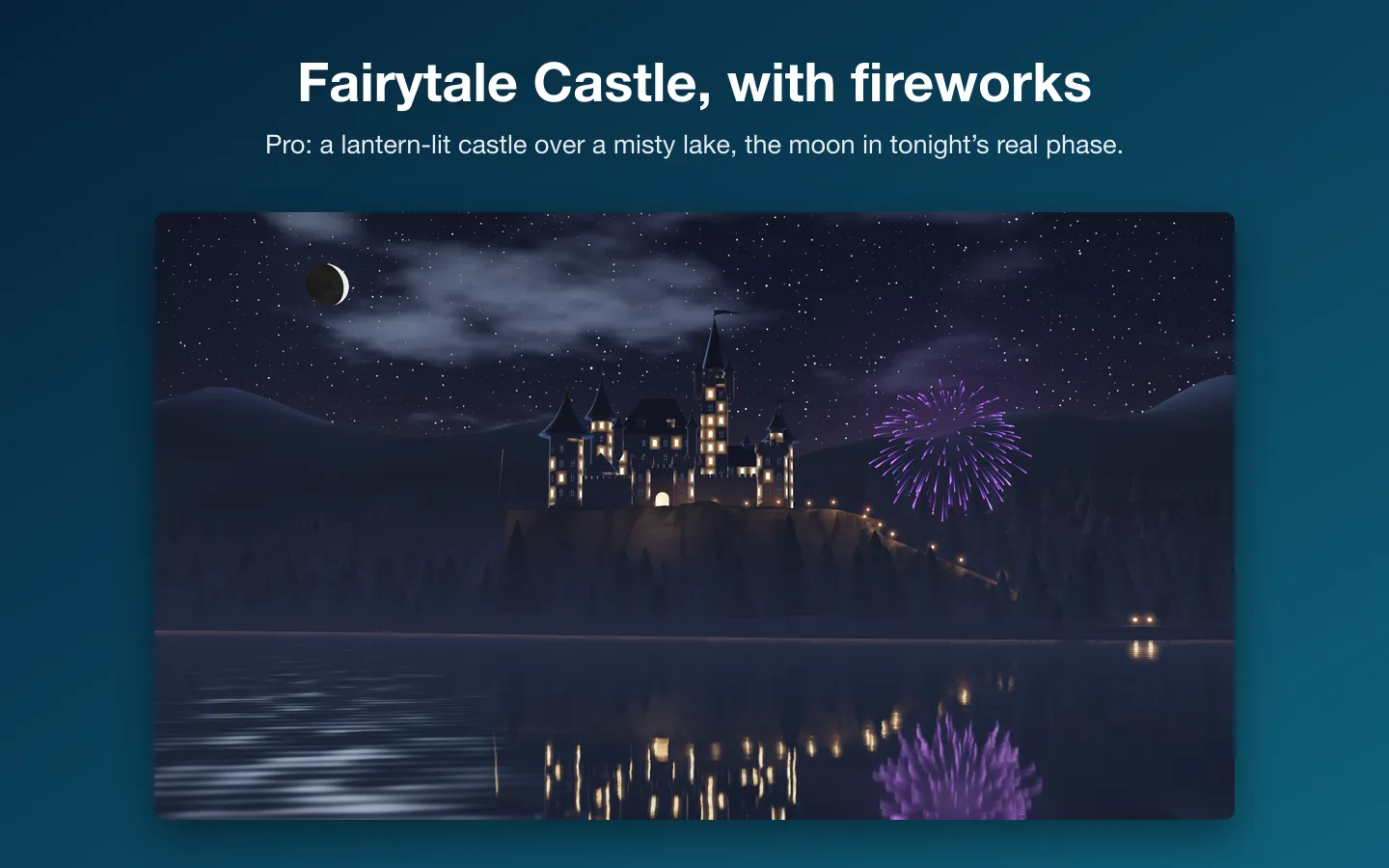 Fairytale Castle: a lit castle on a crag over a lake at night, fireworks bursting beside it and reflected in the water