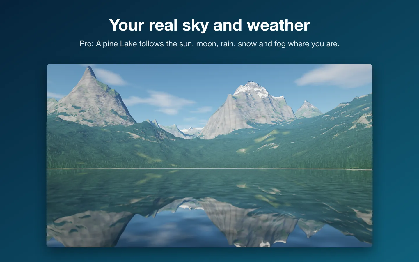 Alpine Lake: snowy peaks and a pine forest mirrored in a still lake under a blue sky