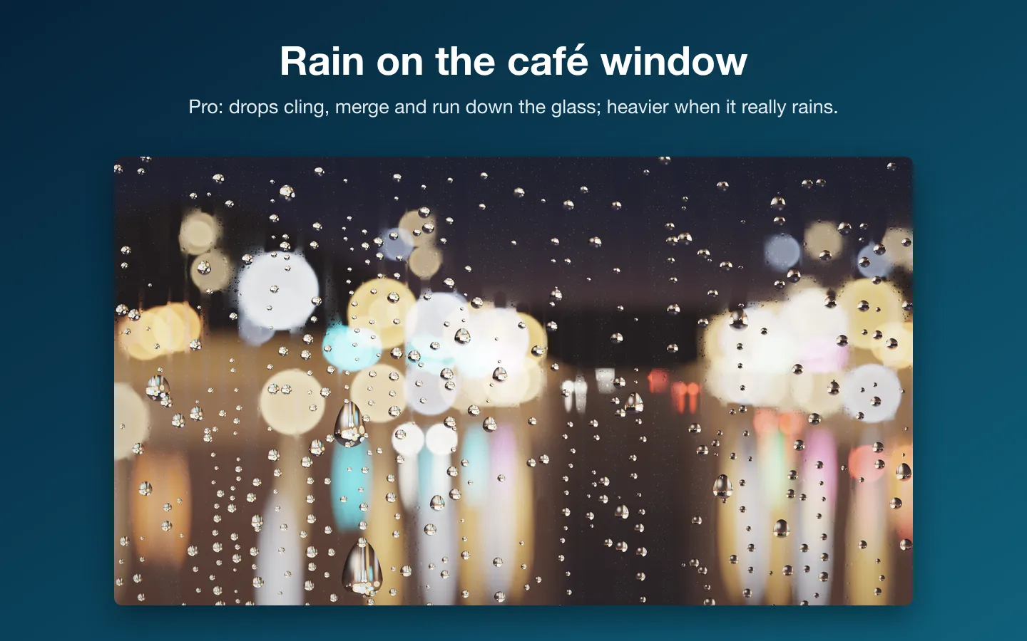 Rainy Window Café: raindrops on a window over the blurred lights of a city street at night