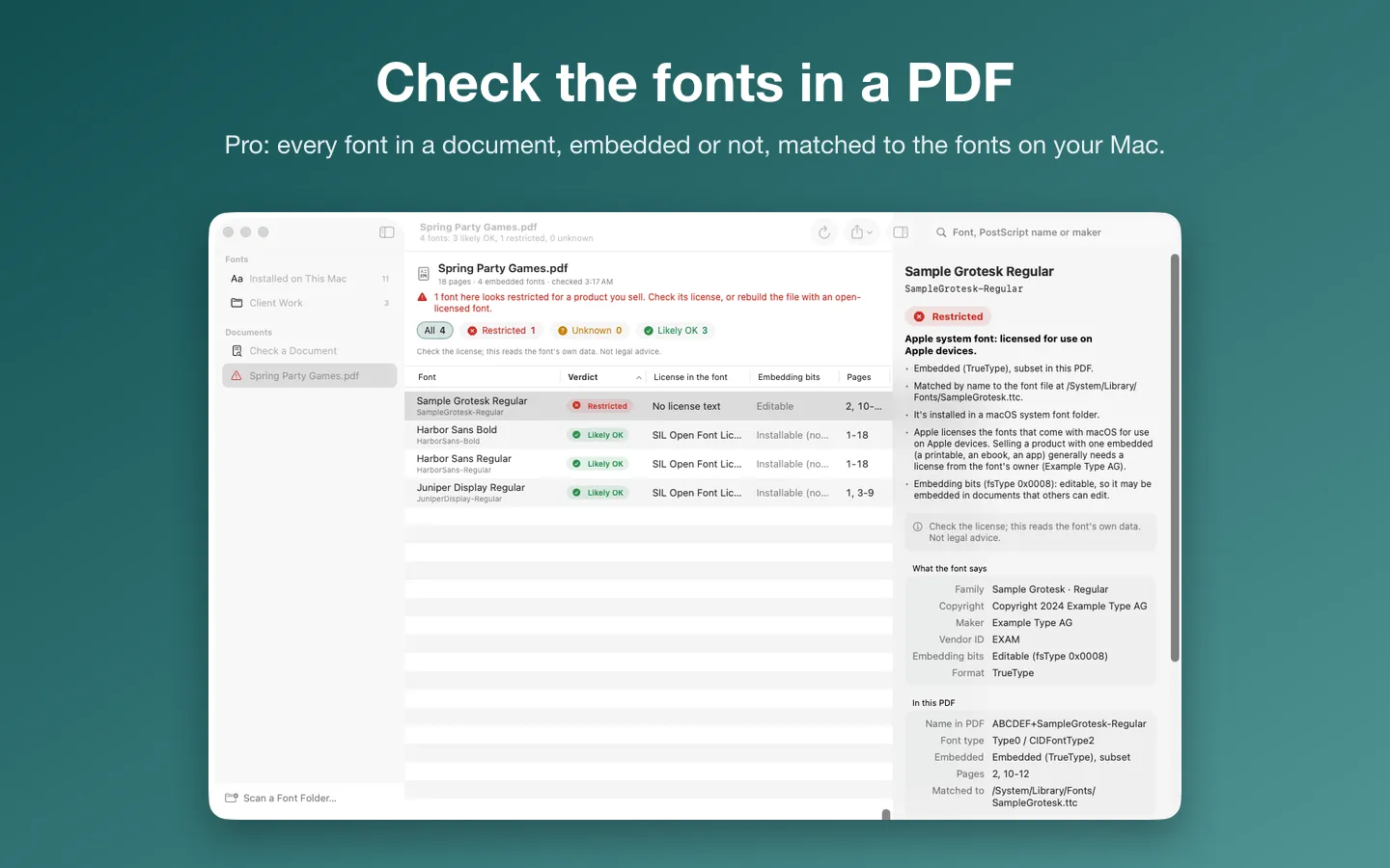 A checked PDF: four fonts, one restricted Apple system font, with where each is used