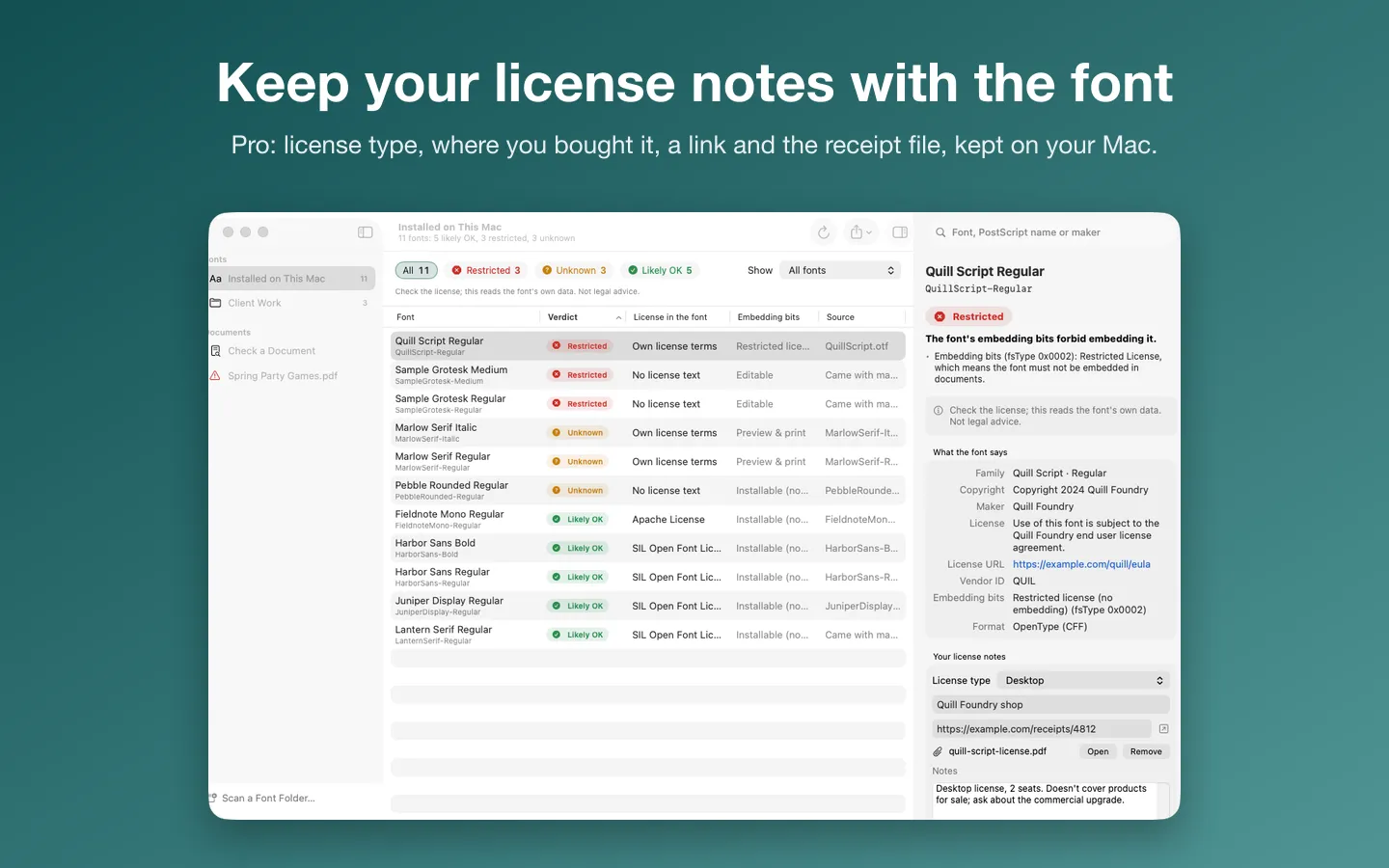 License notes for a font: license type, where it was bought, a receipt link and an attached license file