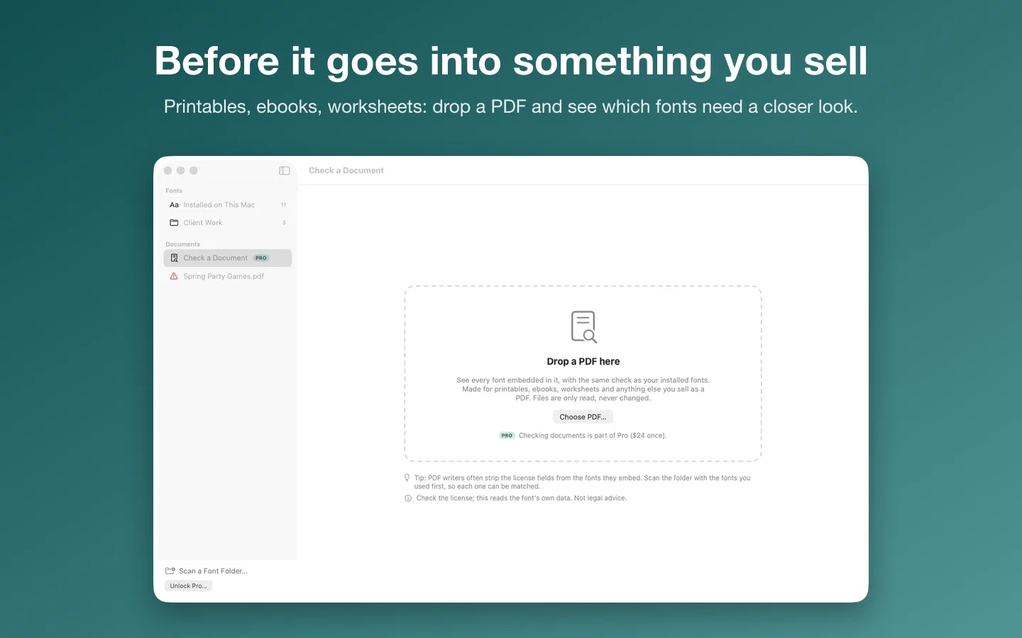 Check a Document: drop a PDF to see every font in it