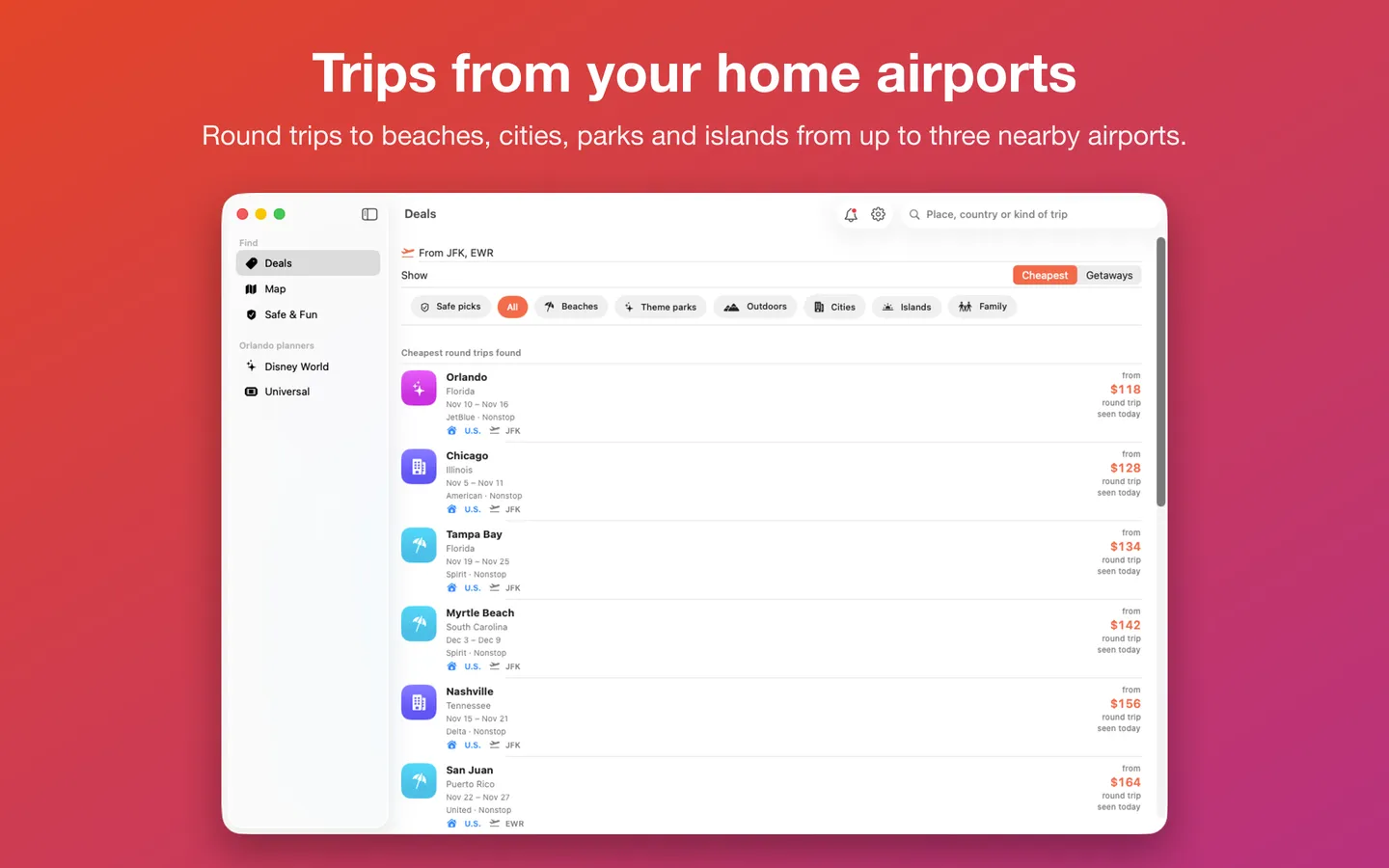 Trips from your home airports: Deals from JFK and Newark, the cheapest round trips found to beaches, cities and parks (sample fares)