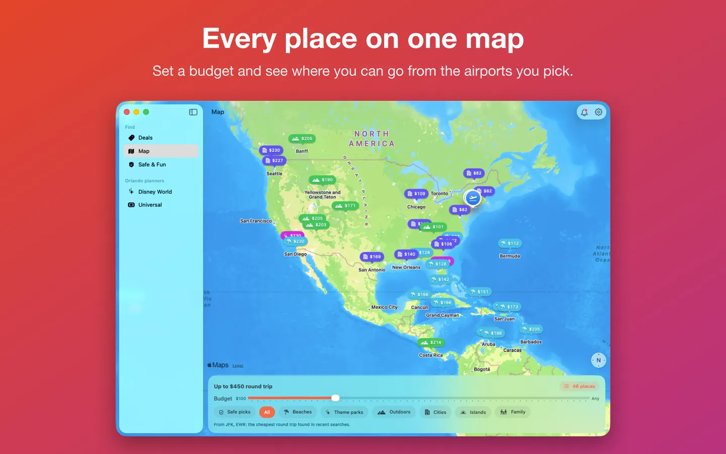 Every place on one map: each destination with its fare and a budget slider (sample fares)
