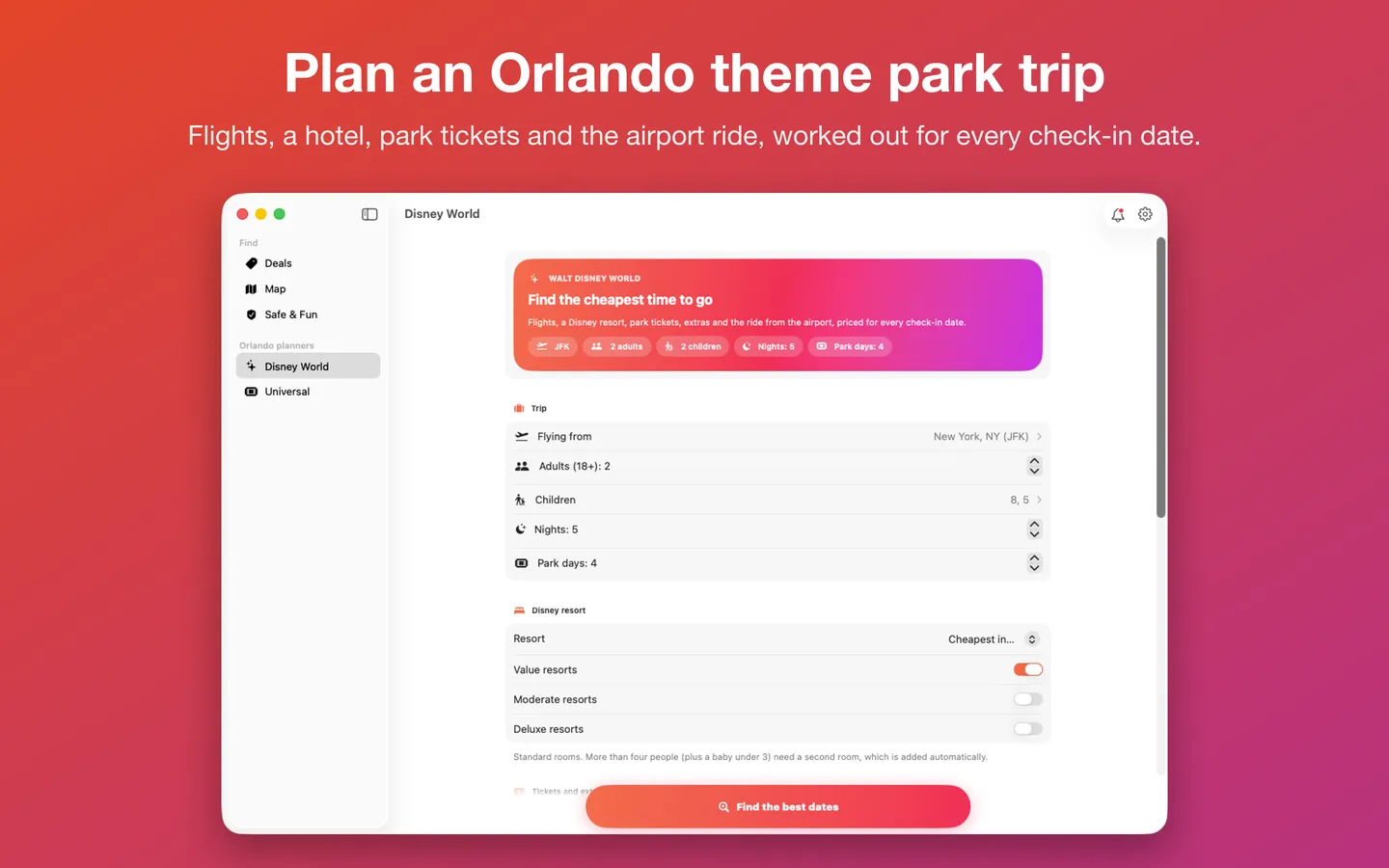 Plan Walt Disney World or Universal: the Disney World planner with travelers, nights, park days and resort choices
