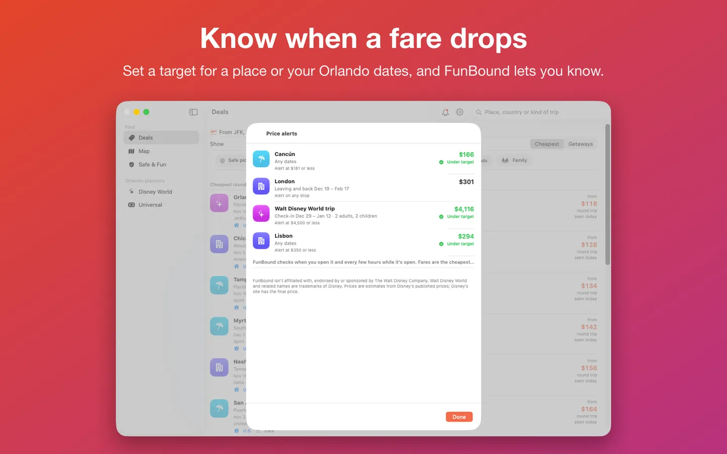 Know when a fare drops: Price alerts with target prices for places and an Orlando trip (sample fares)