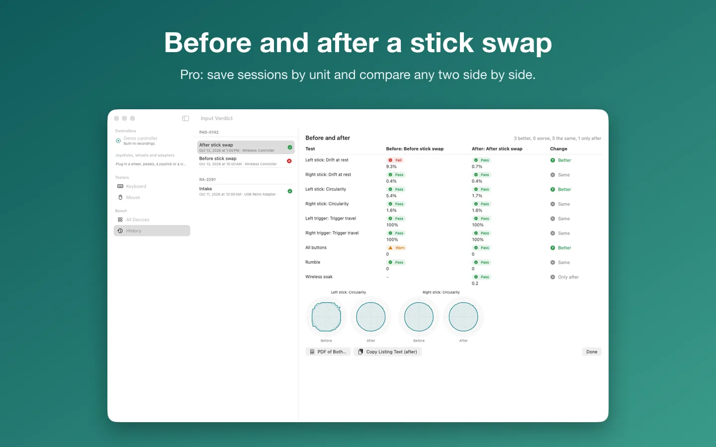 Before and after a stick swap: each test side by side with Better or Same, and the stick outlines