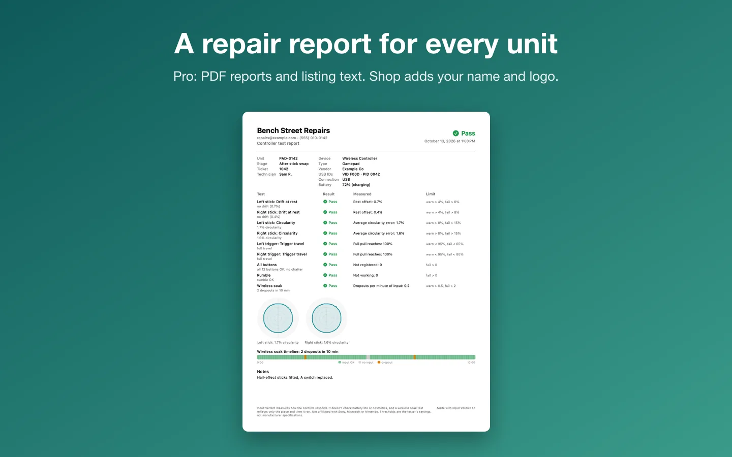 A sample PDF repair report with a shop’s name, every test, the stick outlines and a wireless soak timeline