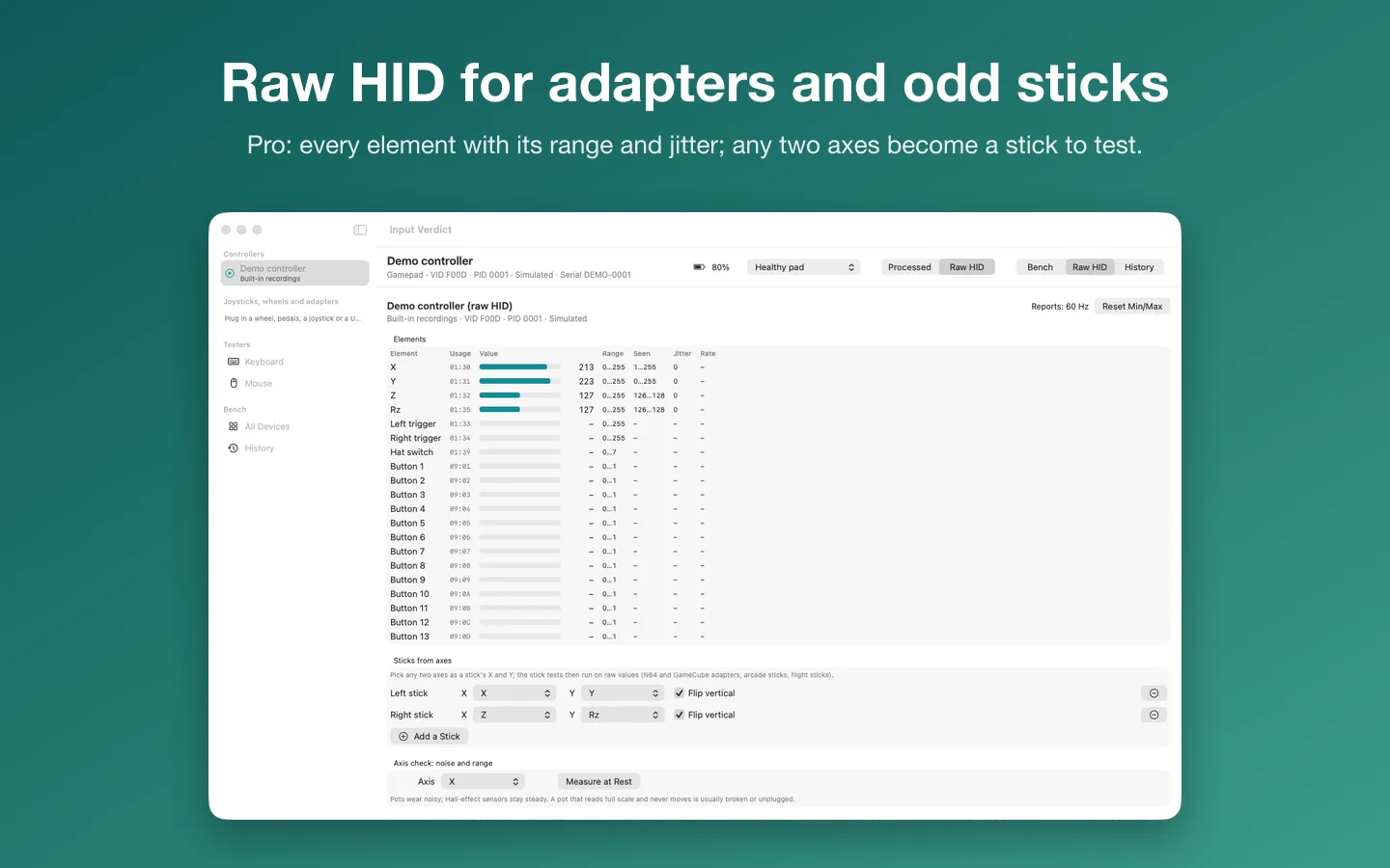 The raw HID view: every element with its usage, value, range and jitter, and two axes mapped as a stick