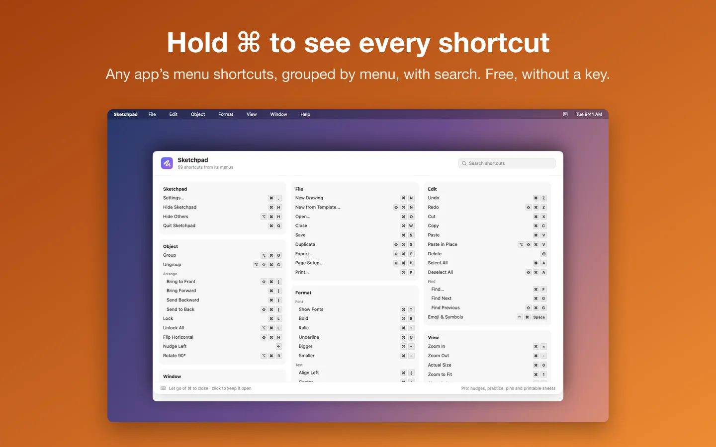 Holding ⌘ in a drawing app: its menu shortcuts in columns by menu, with a search field