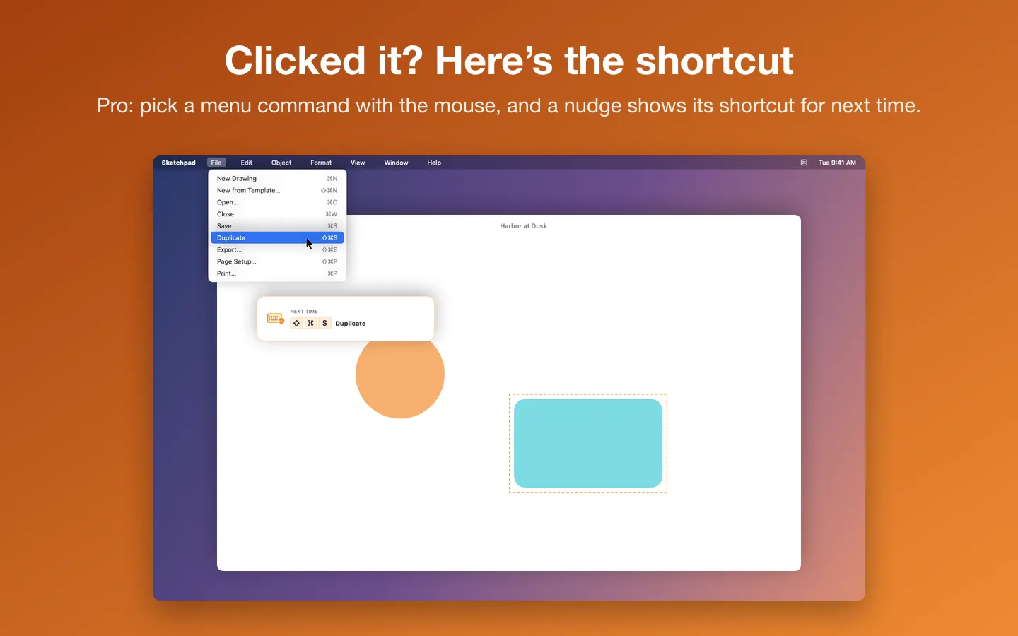 Duplicate picked from the File menu with the mouse, and a nudge near the pointer: next time, ⇧⌘S