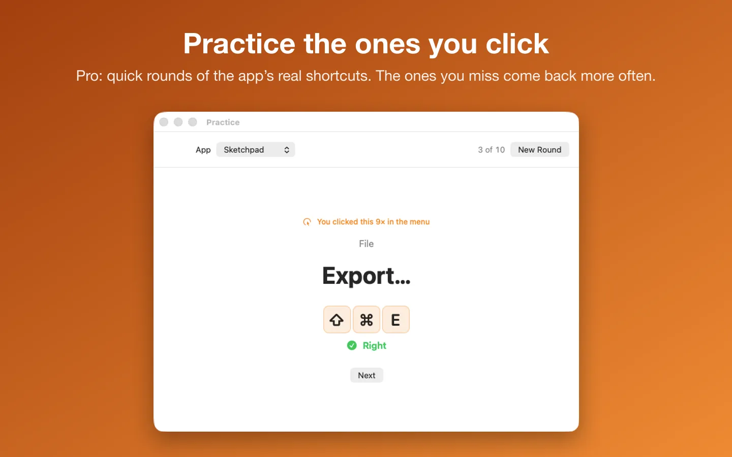 A practice round: Export…, answered with ⇧⌘E, marked Right, with a note that it was clicked 9 times