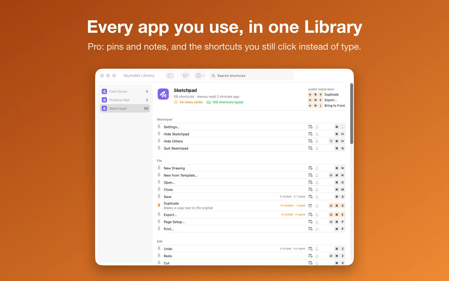 The Library: an app’s shortcuts with pins, notes, clicked and typed counts, and the ones to learn next